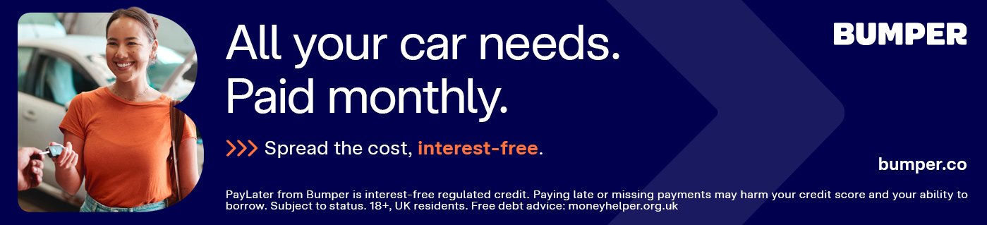 A person smiles holding a key. Text: All your car needs. Paid monthly. Bumper.