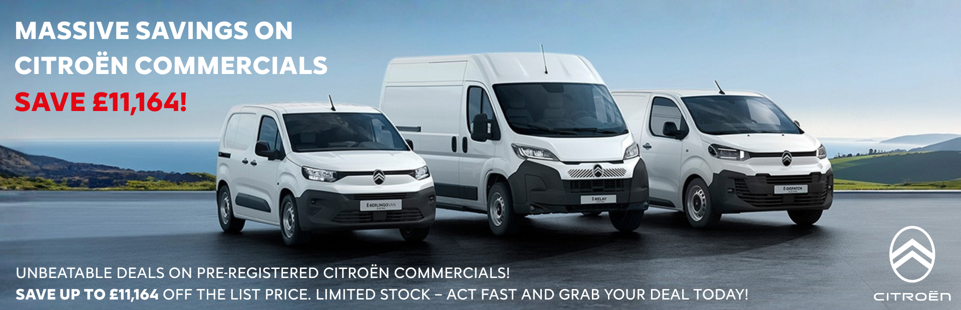 Citroën commercial vans with promotional text about savings and discounts.