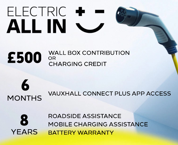 Electric vehicle offer: £500 contribution, app access, roadside assistance, battery warranty.