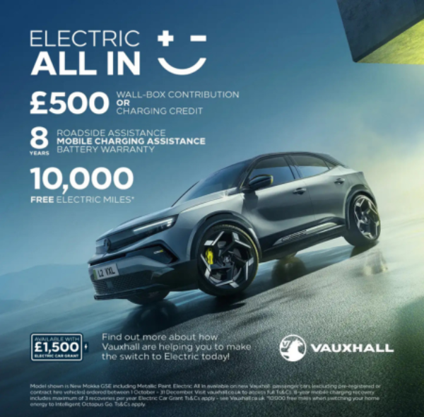 Advertisement for Vauxhall electric car with offers and specifications.