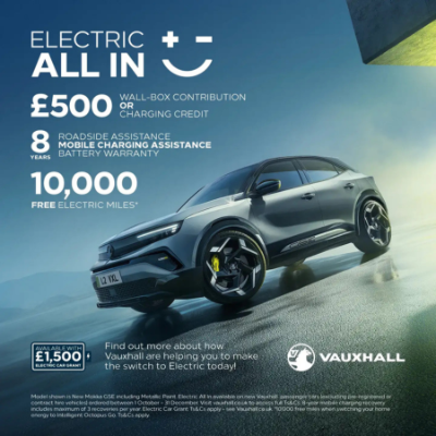Image of a Vauxhall electric car with promotional text about various offers.