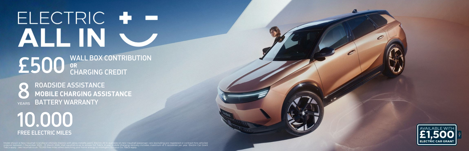Electric SUV with offers including £500 credit, 8-year battery warranty, and free miles.