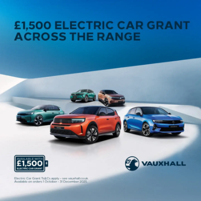 Vauxhall electric cars with £1,500 grant offer displayed in a lineup.