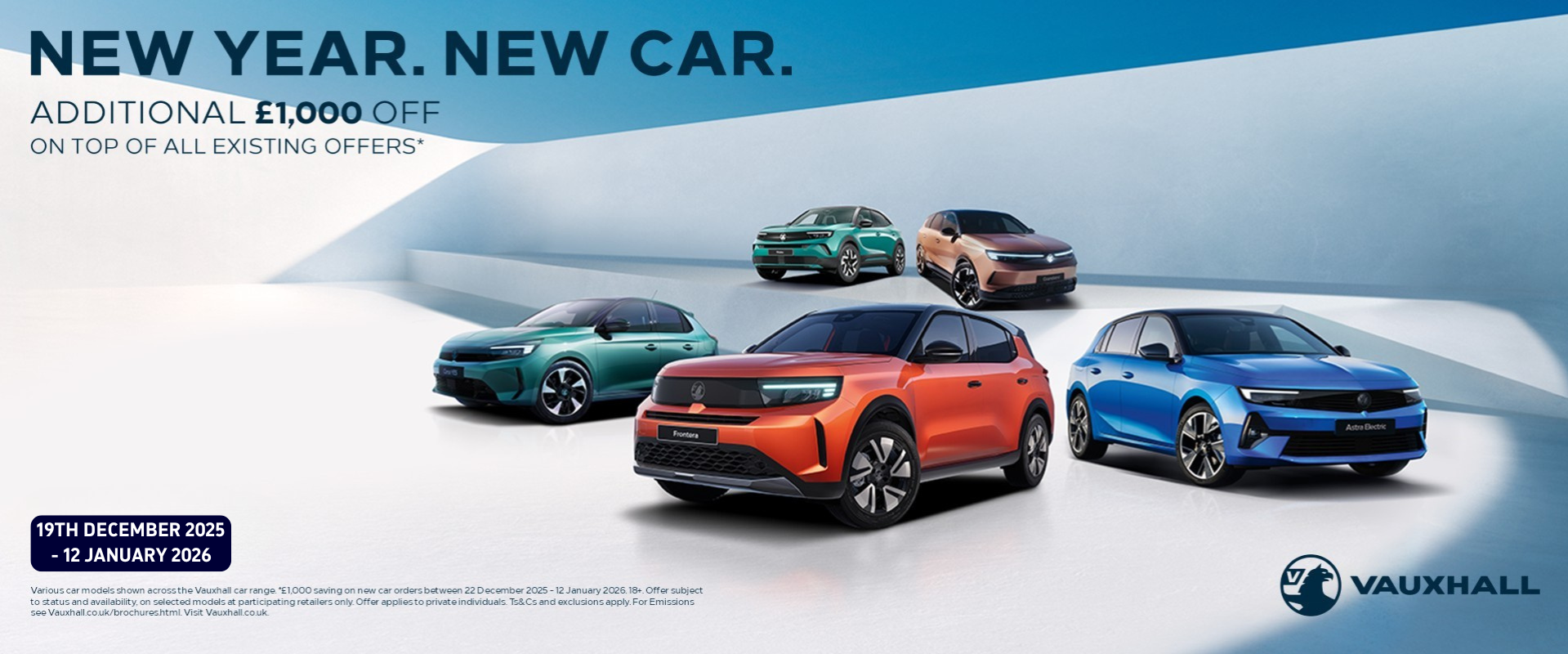 Four Vauxhall car models with promotional text: New Year. New Car.