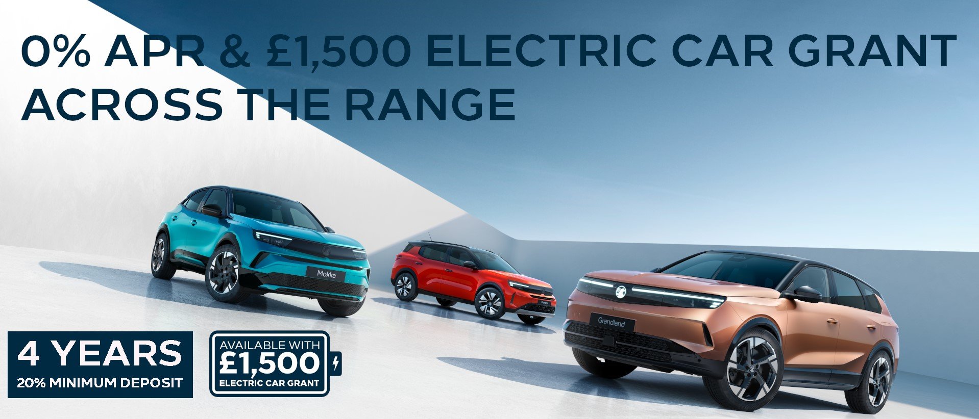 Three electric cars with text offering 0% APR and £1,500 grant across the range.