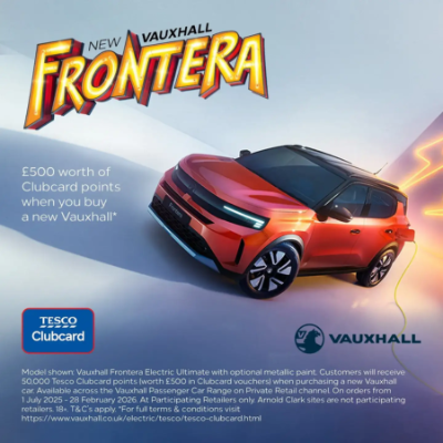 Red Vauxhall Frontera Electric Ultimate next to promo text and logos.