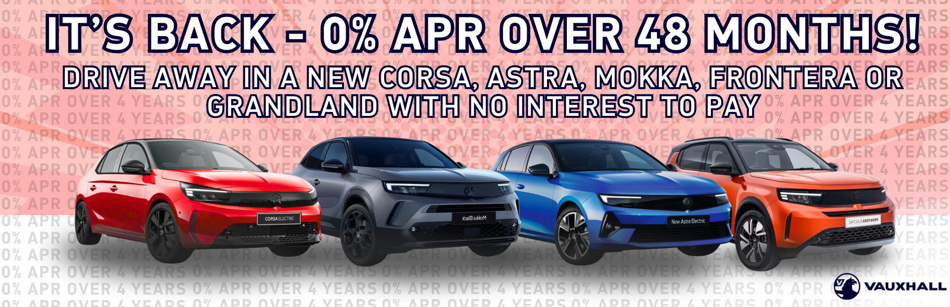 Vauxhall cars featuring Corsa, Astra, Mokka, Frontera, Grandland with 0% APR offer text.