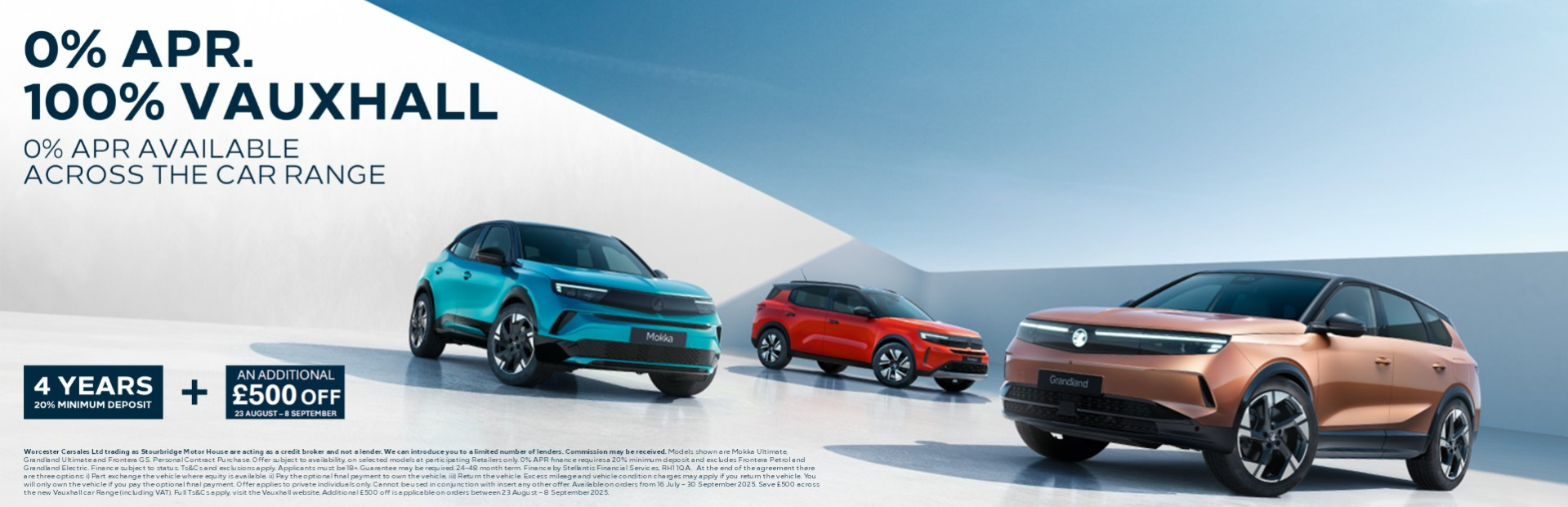Three Vauxhall cars with text offering 0% APR and an additional £500 off selected models.