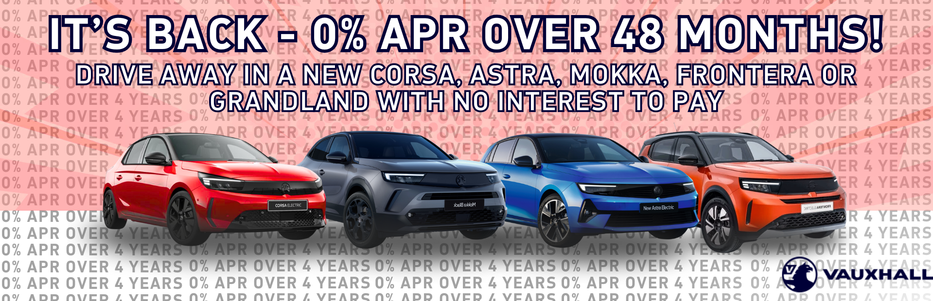 Vauxhall 0 APR offer banner featuring Corsa, Astra, Mokka, and Frontera models.