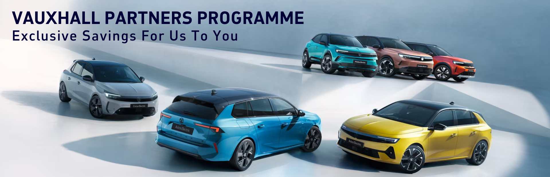Image of five Vauxhall electric cars with Vauxhall Partners Programme text.