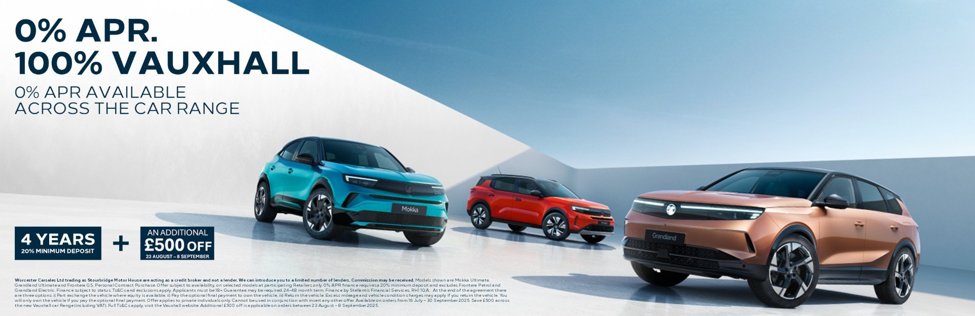 Vauxhall cars with 0% APR offer, featuring a teal, orange, and bronze vehicle.
