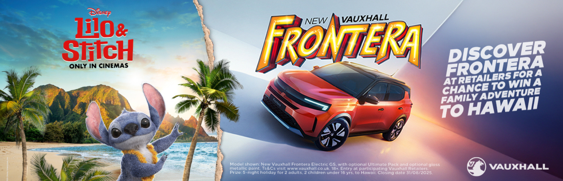Stitch from Lilo & Stitch next to a red Vauxhall Frontera car.